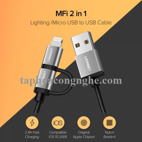 Ugreen 50204 0.5M Màu Đen Cáp sạc đa năng USB sang TypeC + Micro + Lightning có Chip MFI US186 30050204